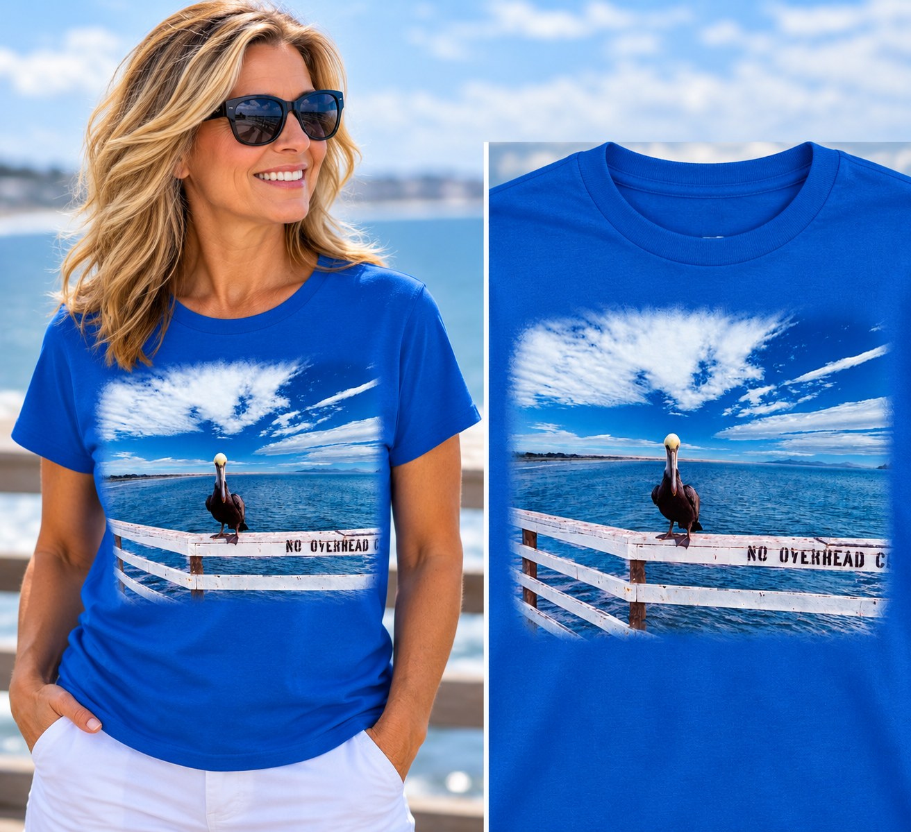 Pelican on the Pier Flag Blue T-Shirt